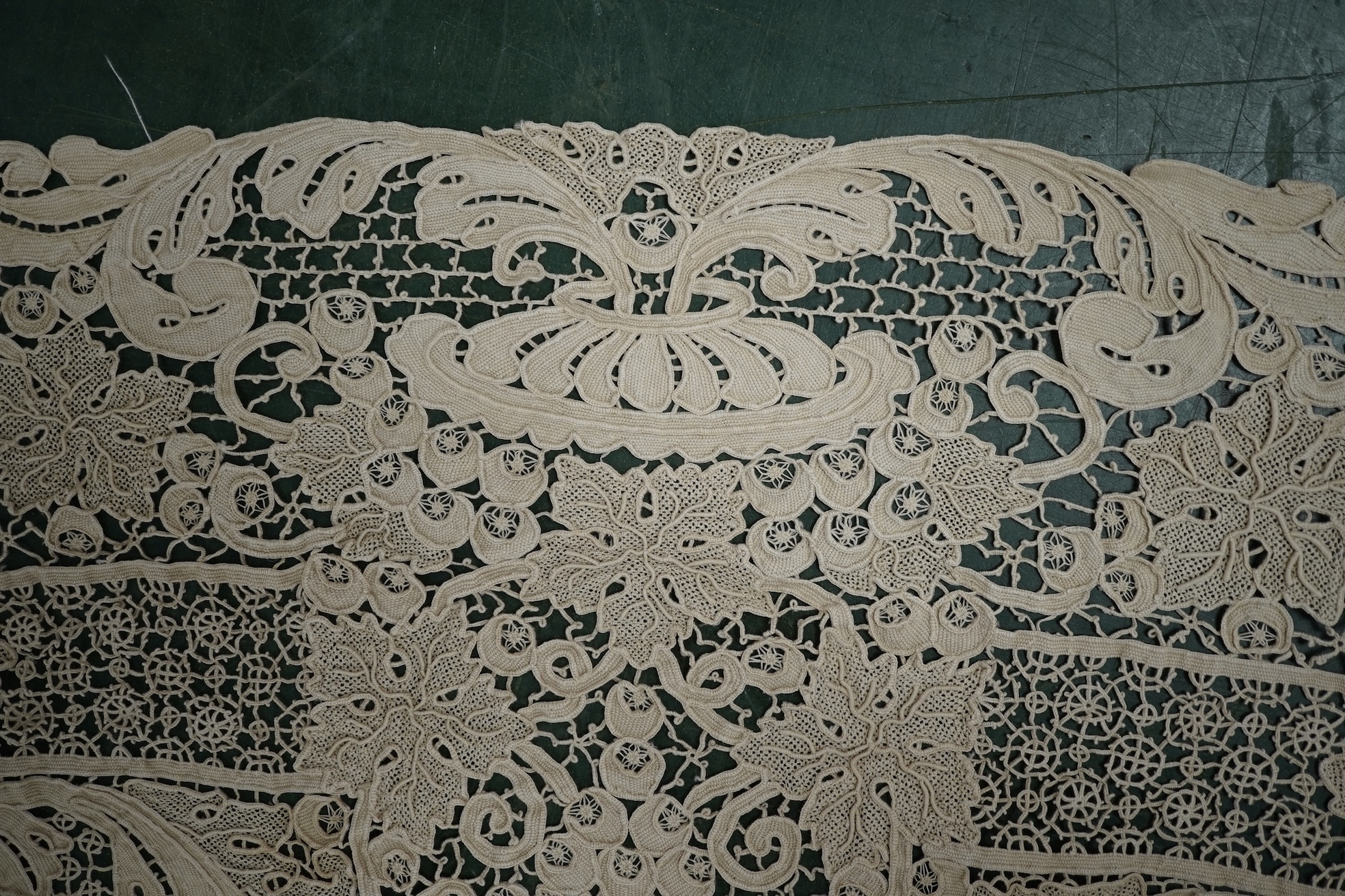 A 20th century lace bedcover, in Burano style lace. 276cm x 172cm